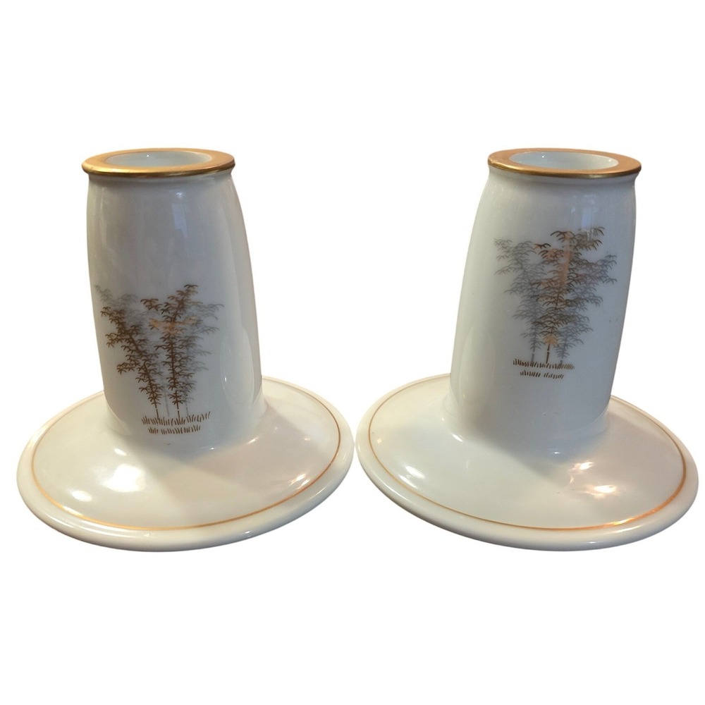 Fukagawa Arita Porcelain Candlesticks Set 2 Hand Painted Bamboo Gold Rim Japan